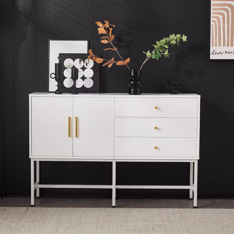 Cassettiera AIORBER, con due ante e tre cassetti, maniglie dorate e piedini in metallo, stabile, per soggiorni, camere da letto, uffici, 120x32x80cm, bianco