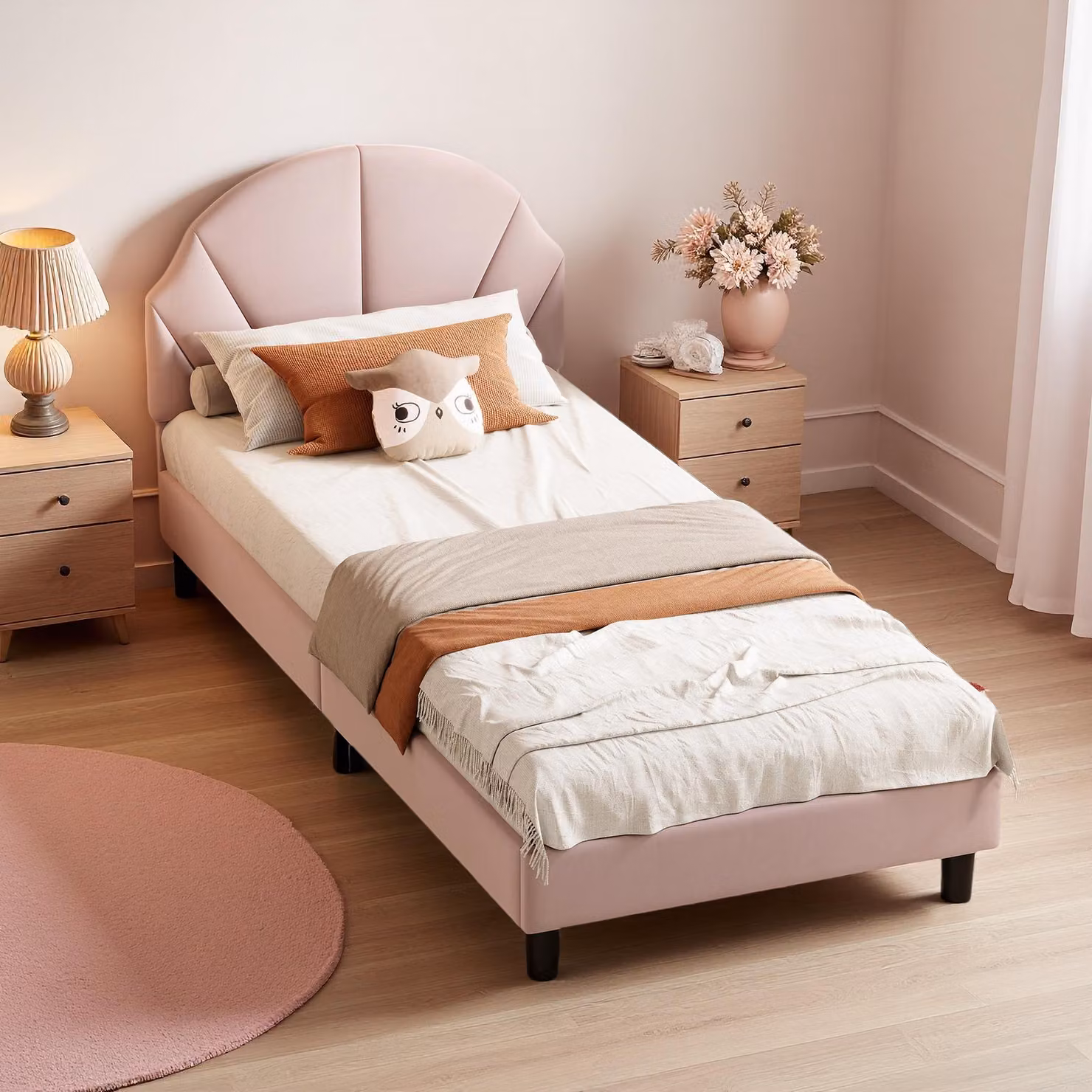 UnboxG Lettino 90x190 cm Rosa Velluto Letto imbottito – Letto per ragazzi con testiera regolabile in altezza, morbido letto singolo per bambine