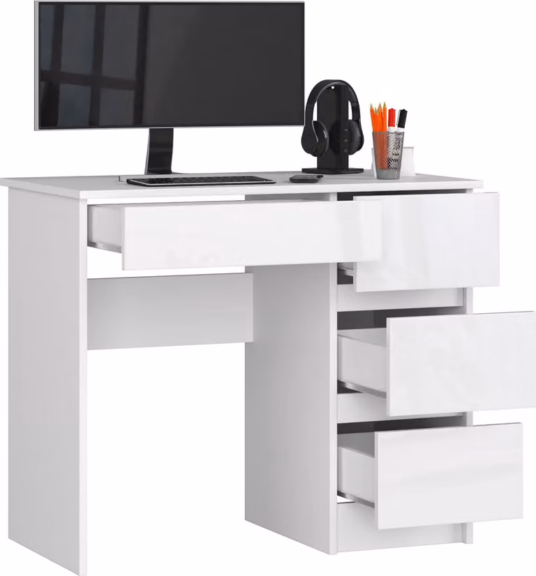 BDW Scrivania da ufficio con 4 cassetti, scrivania da gioco, bianco lucido destro