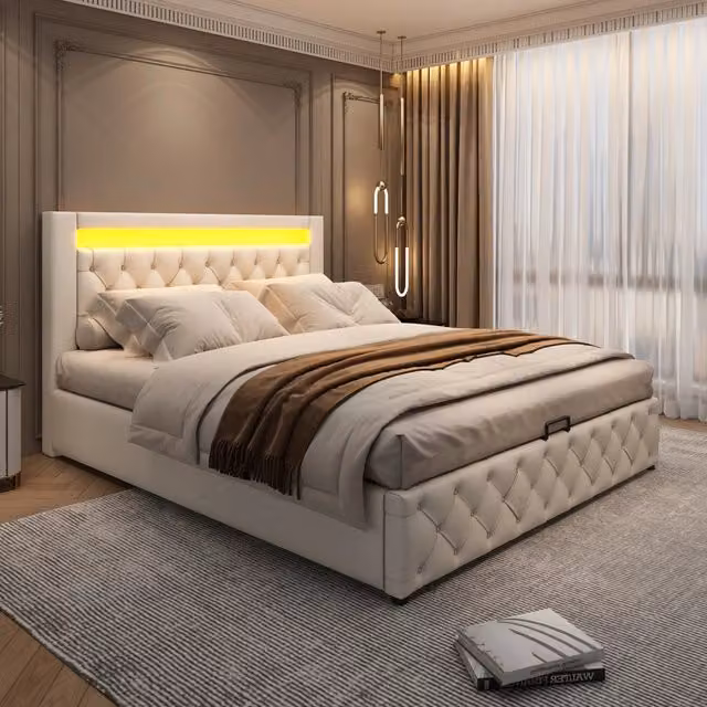 Letto contenitore 160x200 cm; matrimoniale con rete a doghe; LED; PU; bianco