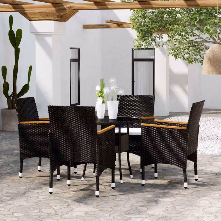 vidaXL Set da Pranzo per Giardino e Terrazzo 5 pz in Polyrattan e Legno di Acacia con Piano in Vetro Nero e Bianco