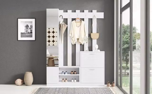 Mobile da ingresso 5-in-1 con specchio portaoggetti; 2 scarpiere a ribalta e ganci; truciolato; bianco; 135x25x180 cm
