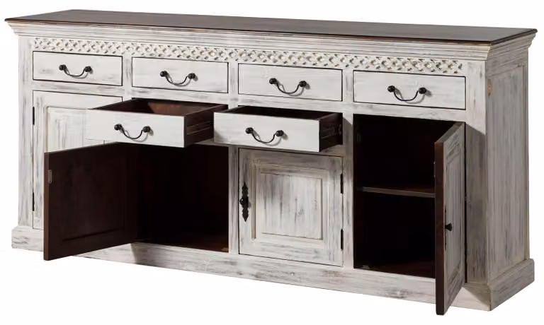 MASSIVMOEBEL24 | Credenza in legno di acacia / mango - bianco cerato 200x45x90 castle-antik #108