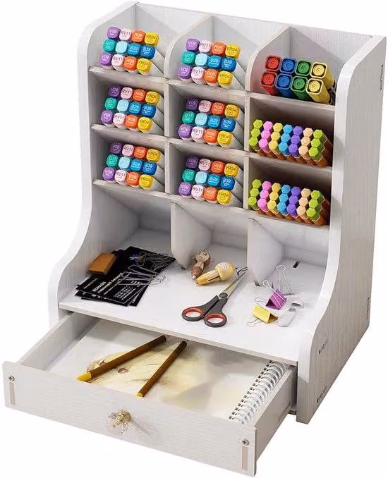Organizer da ufficio in legno - Accessorio multifunzionale per l'ufficio - Scatola per penne stilografiche per la casa o la scuola - Scaffale impilabile con cassetto (bianco)