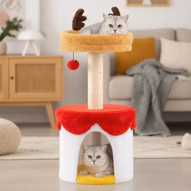 Albero per gatti natalizio con cuccia, 80 cm, torre moderna, multicolore