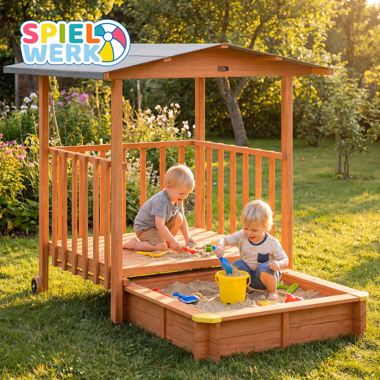 Casetta gioco con sabbiera Spielwerk in legno e tessuto marrone multicolore con tetto e veranda protezione UV 50+ – 3