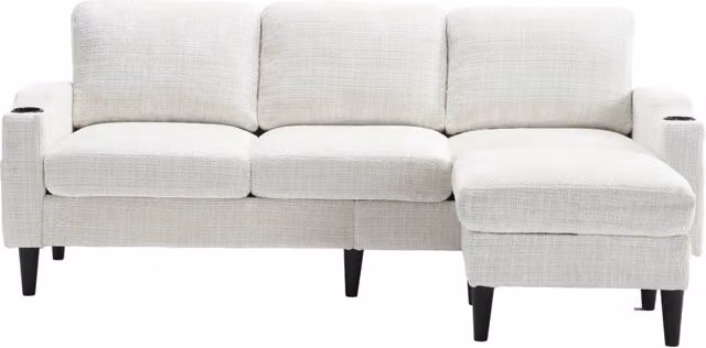Divano 4 posti in chenille con pouf e contenitore, braccioli con portabicchieri e tasche laterali, piedi in plastica resistenti, colore velluto