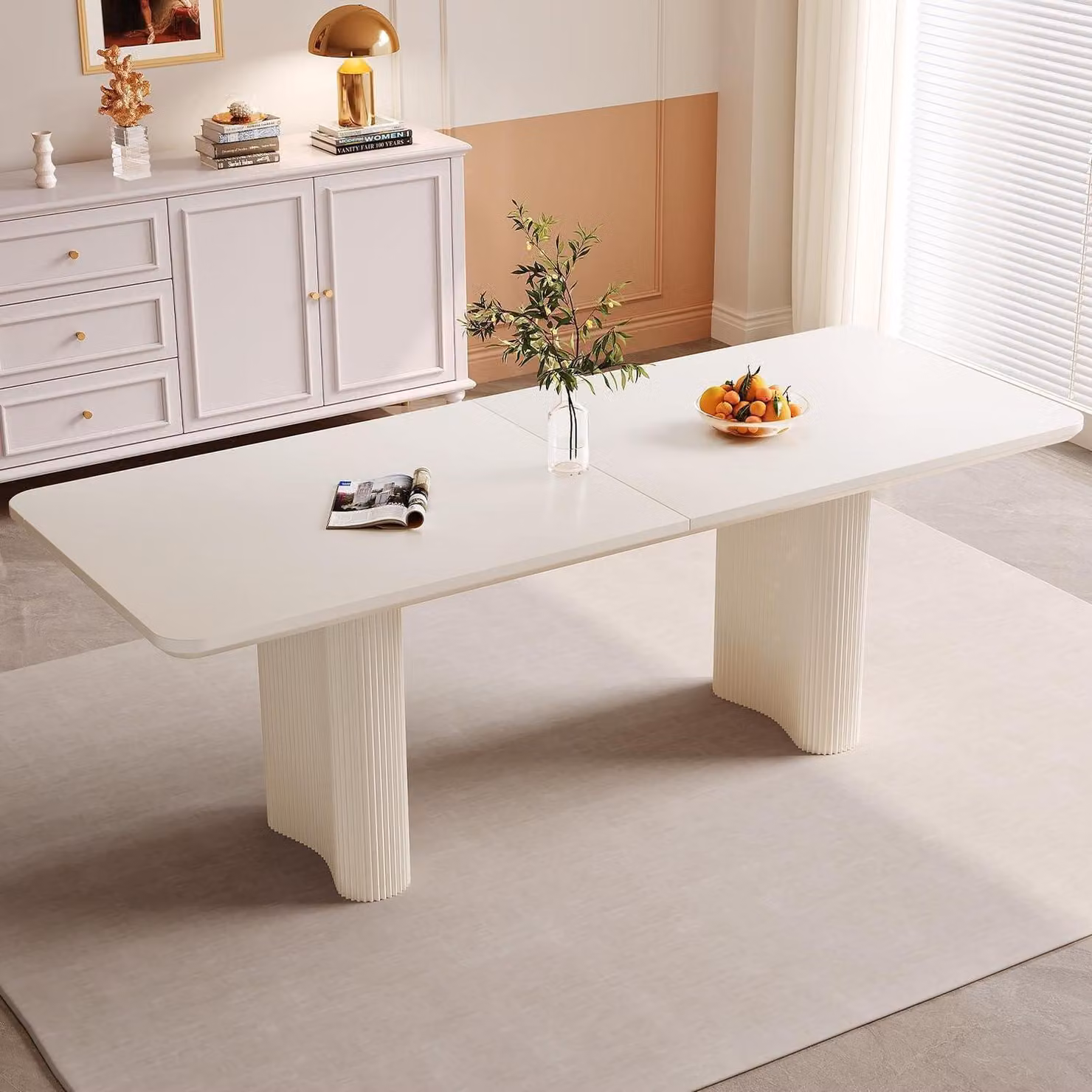 Tavolo da pranzo rettangolare, color crema, 200 cm, con angoli arrotondati