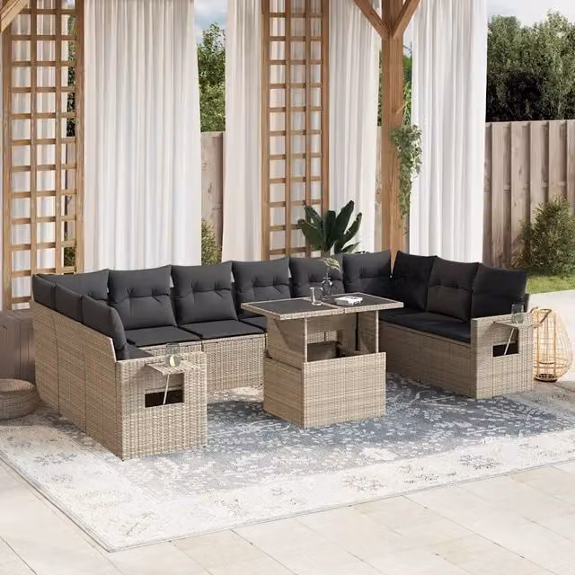 Set di divani da giardino vidaXL in polyrattan grigio antracite con cuscini e tavolino da esterno 11 pz