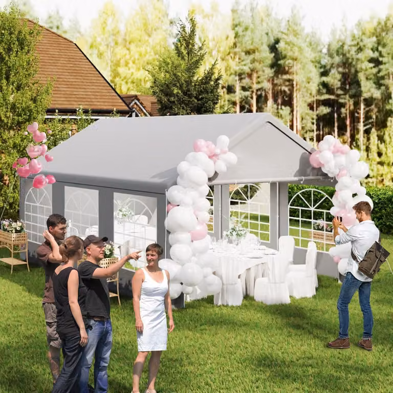 Tenda da festa 4x6 metri, grigia, impermeabile, resistente ai raggi UV, con struttura in acciaio, dotata di 6 pareti laterali con finestre