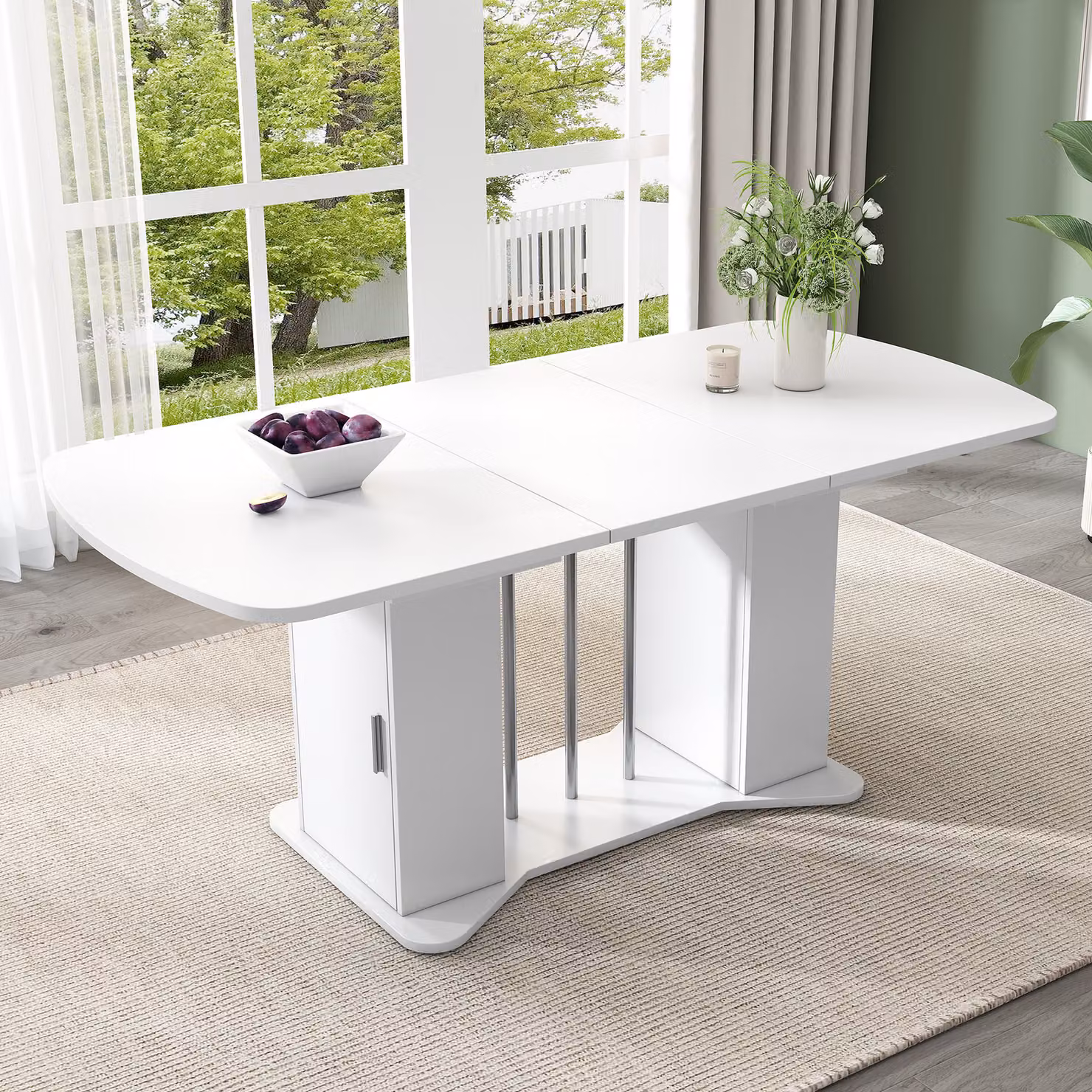 Abrihome Tavolo da pranzo allungabile 120/160x80 cm con contenitore e gambe argentate, per 4-6 persone, bianco