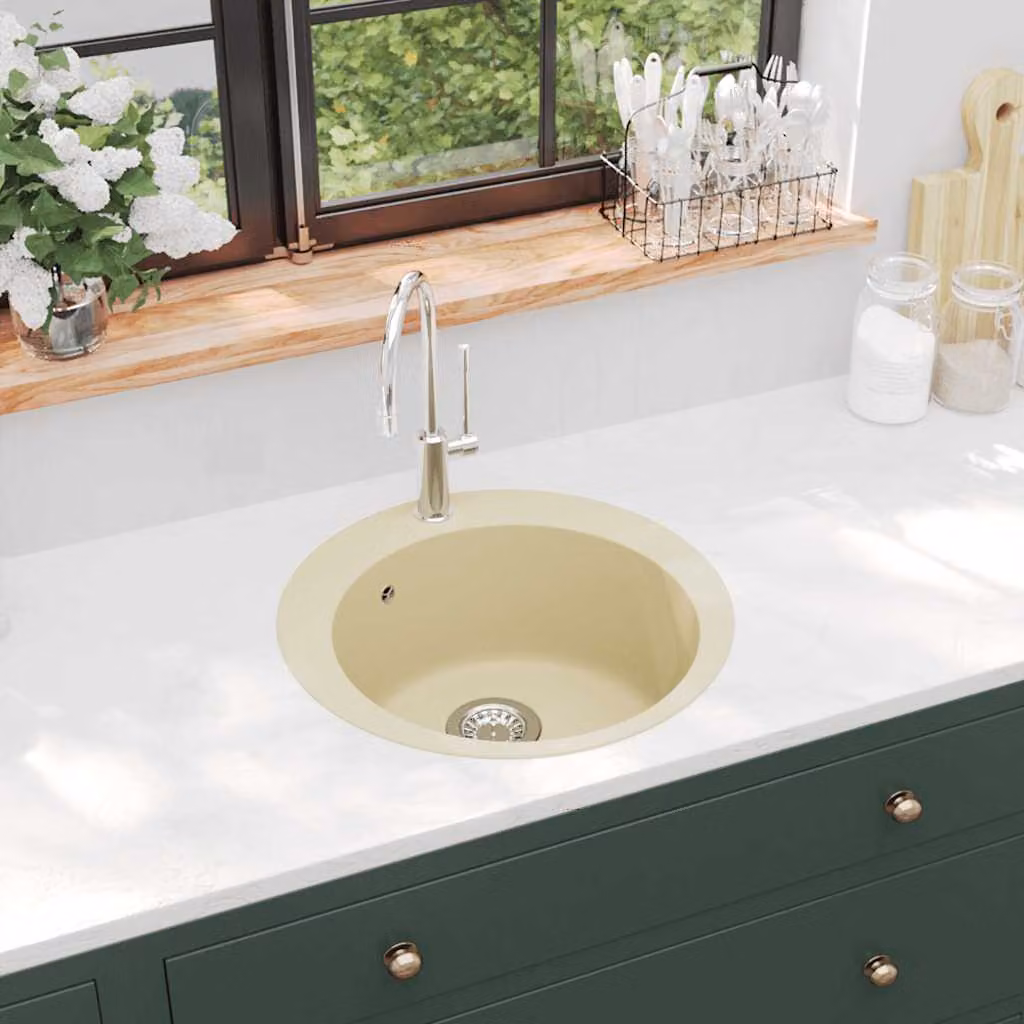 vidaXL Lavello da Cucina in Granito con Vasca Singola Tonda Beige L/P/H: 50,5 x 50,5 x 29 cm