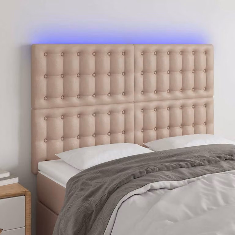 Testiera con LED e porta USB vidaXL in similpelle color cappuccino, L: 144 cm, P: 5 cm, H: 118-128 cm
