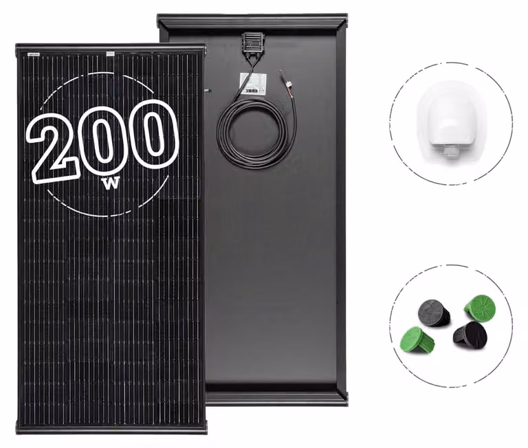 Pannello solare monocristallino da 200W, colore nero, kit completo con profilo integrato
