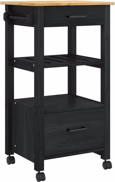 Carrello da cucina moderno MONZA nero con piano in legno di pino L/P/H: 48 x 40 x 88,5 cm
