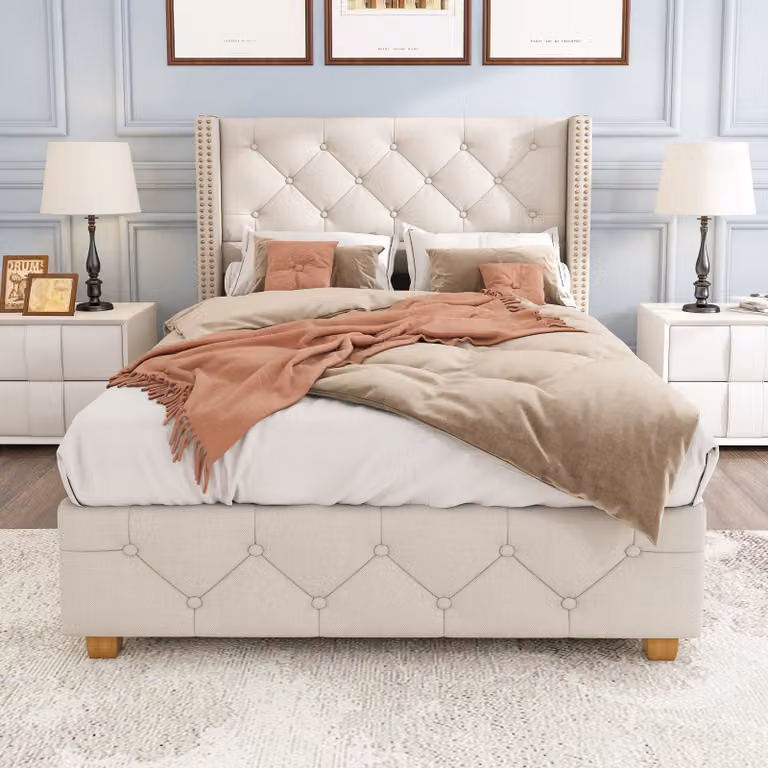STILVORA Letto imbottito 90×200 cm Letto per ragazzi con struttura, trapuntatura a bottoni e testiera, imbottitura in schiuma, rivestimento in lino, senza materasso, beige