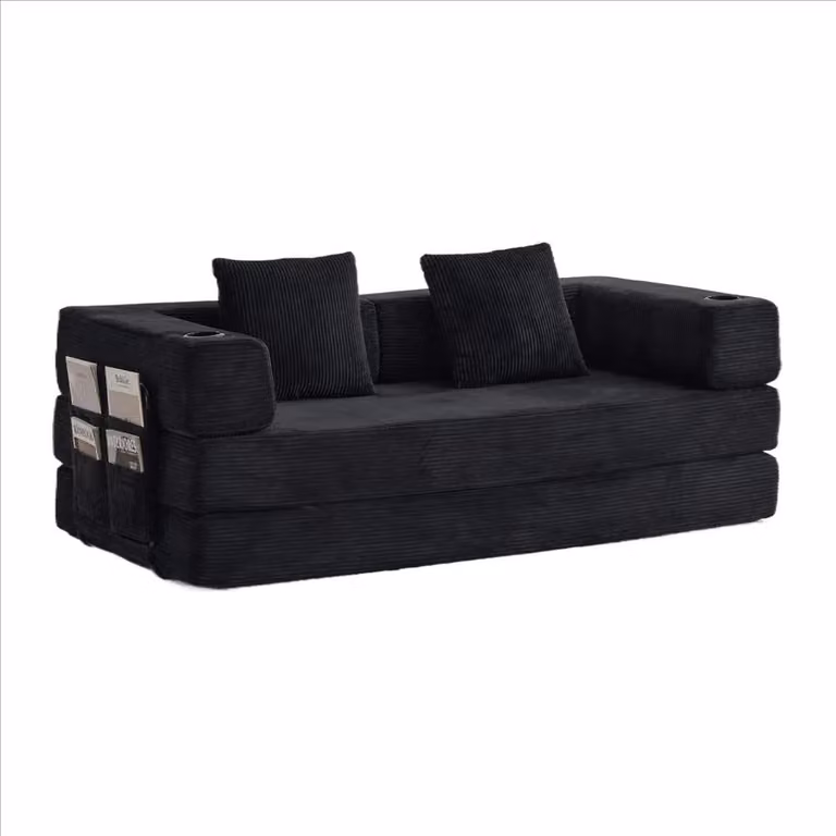 Divano modulare da pavimento - Divano ad angolo - Rivestimento in corda - Larghezza superiore a 240 cm - Portabicchieri - Tasca laterale - Nero