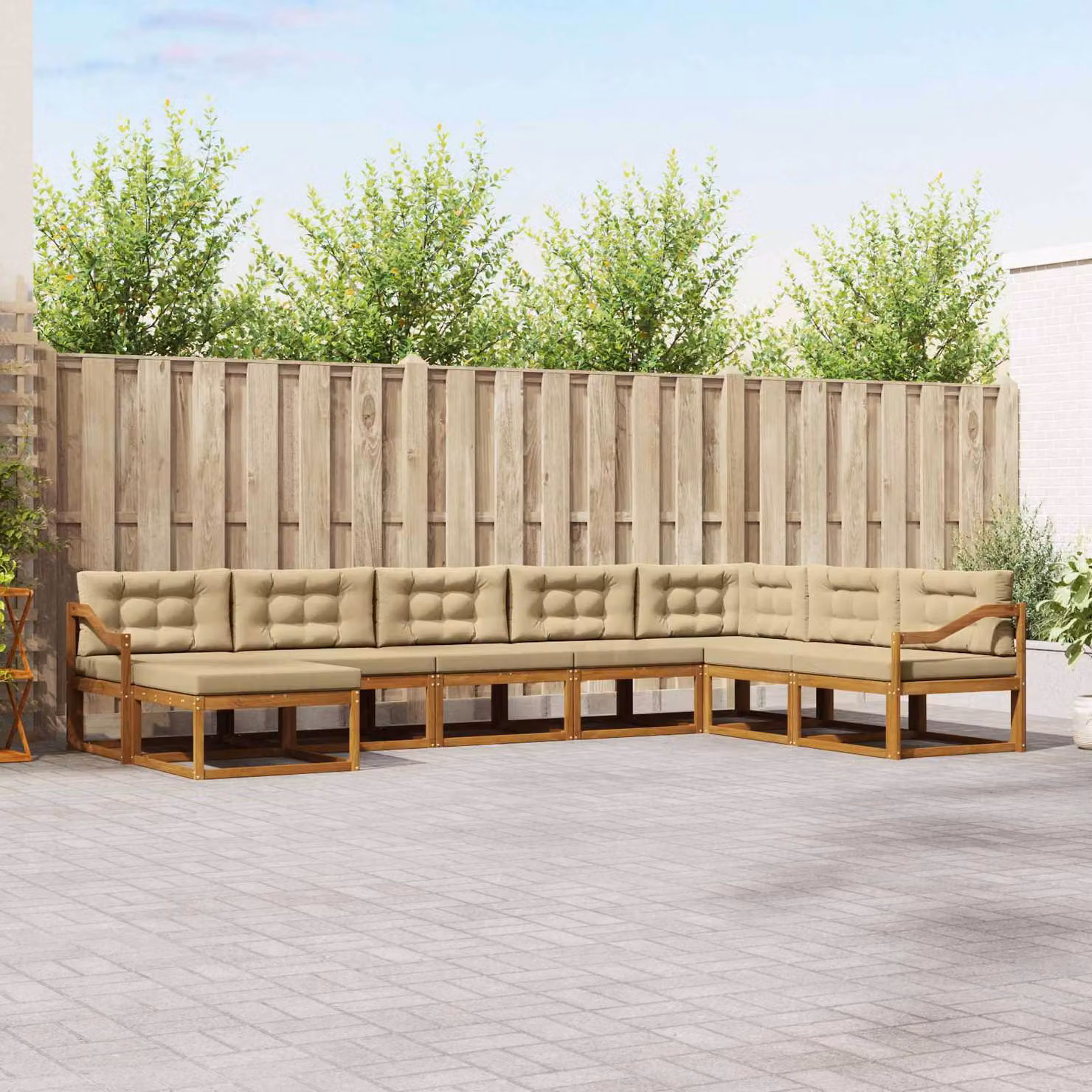 vidaXL Set di divani da esterno a L composto da 8 pezzi in legno di acacia con cuscini, colore beige e marrone