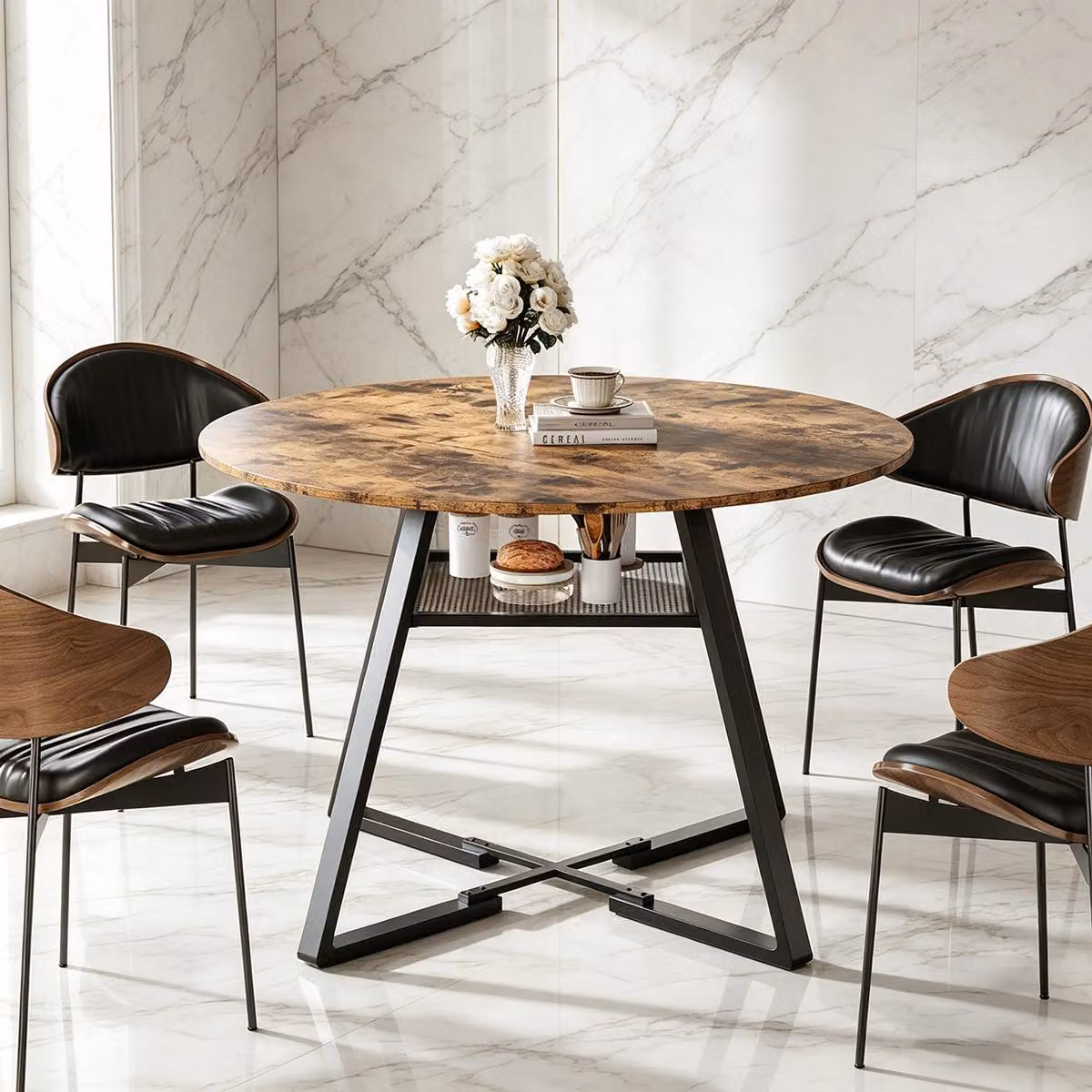 Tavolo rotondo INONEFT, diametro 120 cm, tavolo da pranzo, tavolo da cucina salvaspazio in legno, design industriale, colore marrone vintage