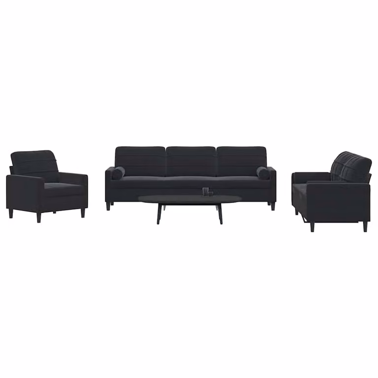 Set di divani 3 pezzi vidaXL in velluto nero con cuscini e struttura in metallo per soggiorno