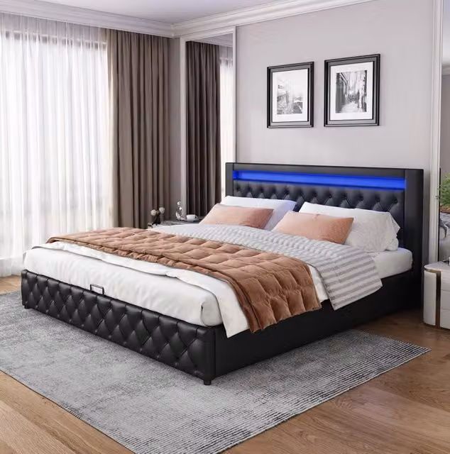 Letto matrimoniale 140x200 cm con contenitore e LED; rivestimento in PU nero