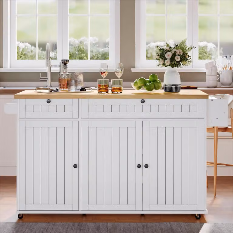 Isola da cucina con piano di lavoro pieghevole, dimensioni 137x70x89,5 cm, colore bianco, realizzata in MDF con rivestimento in melamina, dotata di cassetti e vano contenitore per la cucina