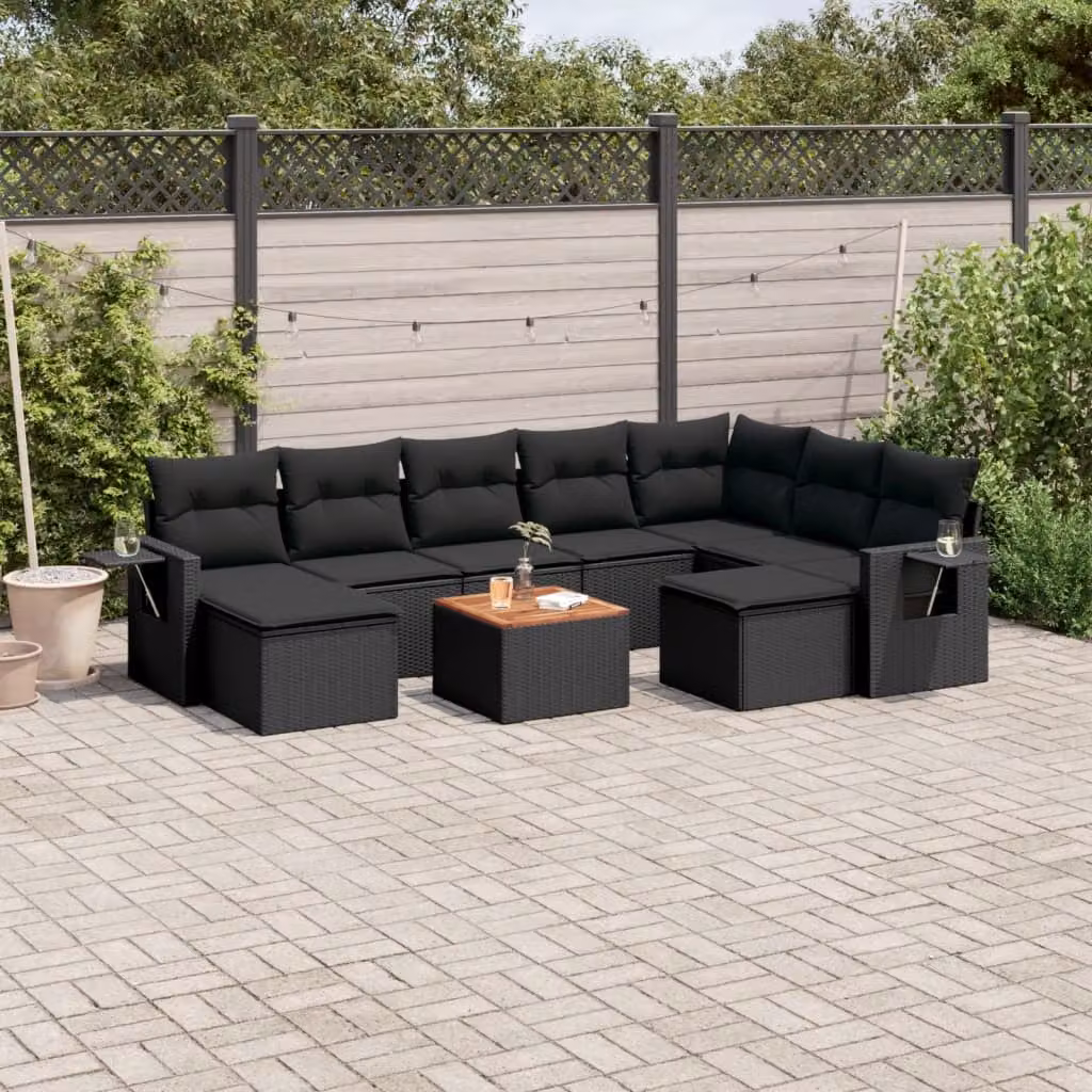 vidaXL Set Divani da Giardino a L in Polyrattan Nero con Cuscini e Tavolino da Esterno – 1