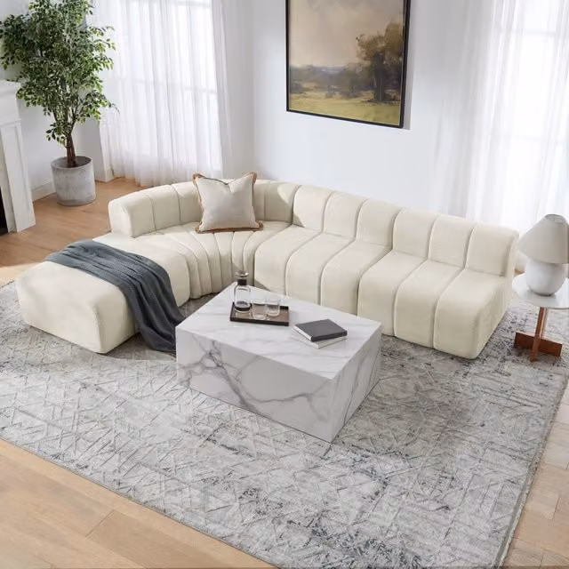 Divano angolare modulare 4 posti con sedute multifunzione e imbottitura in schiuma, in ciniglia beige