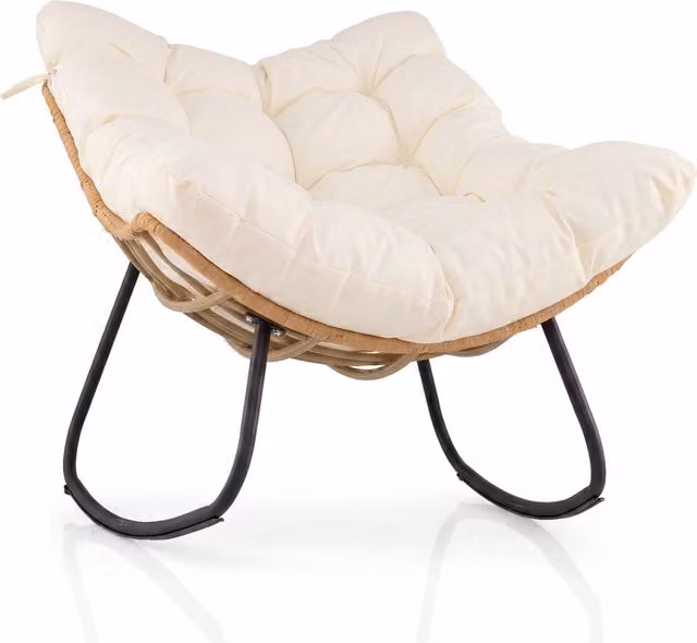 Sedia a dondolo in rattan con struttura in metallo bianco e cuscino rimovibile per interno ed esterno in stile boho