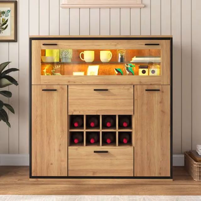 Credenza porta vino 110x38x111 cm con vetrinetta per vino e bicchieri; illuminazione LED 16 colori; legno e nero