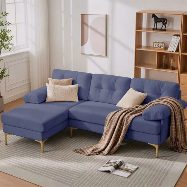 Divano Angolare 3 Posti ¨C MINIMAL ¨C Tessuto Chenille Blu, Gambe in Metallo, Funzione Relax