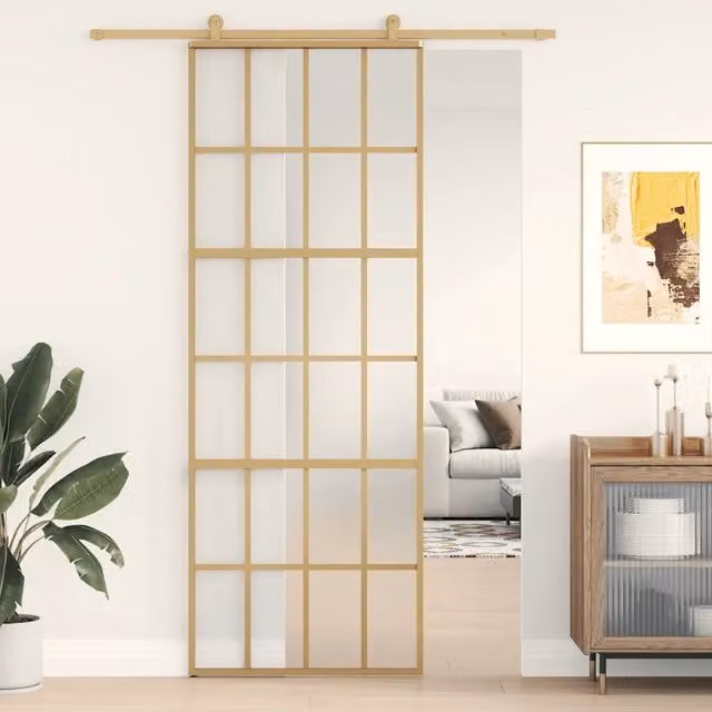 Porta Scorrevole vidaXL in Alluminio e Vetro Smerigliato Dorata L: 76 cm, H: 205 cm