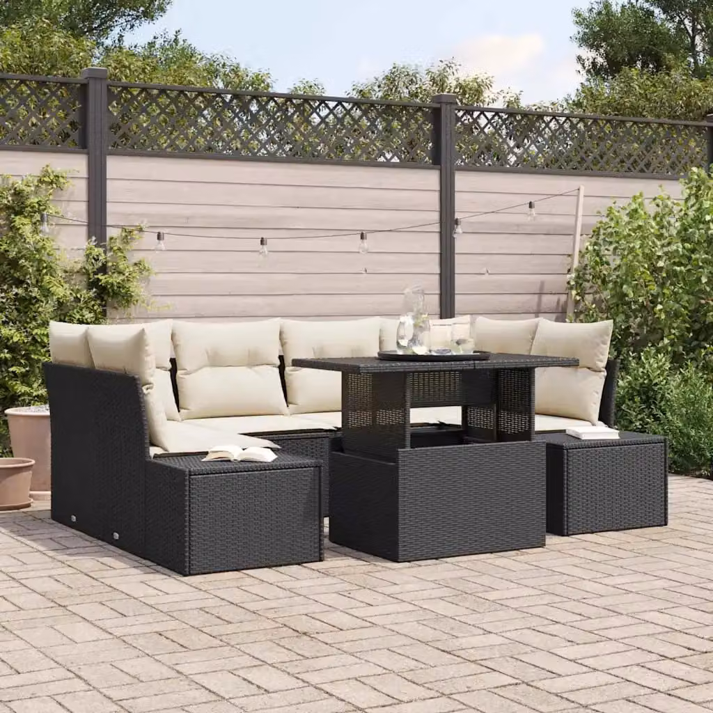 Set Divano da Giardino a L vidaXL in Polyrattan con Cuscini Nero e Beige, 7 Pezzi – 1
