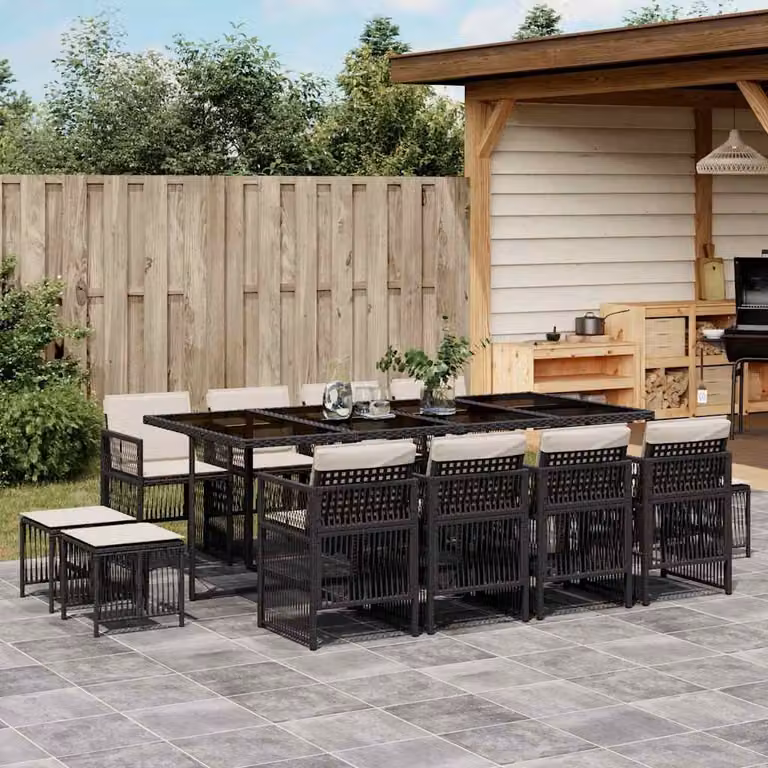 Set da Pranzo da Giardino vidaXL in Polyrattan Nero con Cuscini e Tavolo in Vetro, 13 Pezzi