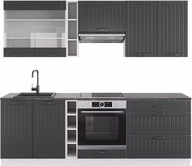 Cucina componibile Vicco Fame-Line Antracite e Bianco stile rustico, larghezza 235 cm, senza piano di lavoro