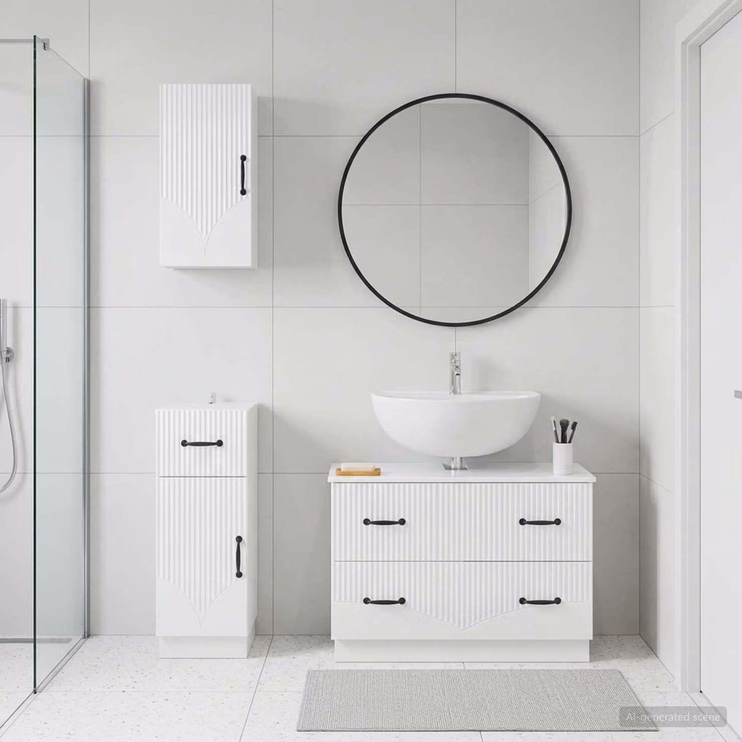 Set di armadietti da bagno 3 pezzi vidaXL HOORN Bianco Lucido con mobile lavabo e pensili sospesi