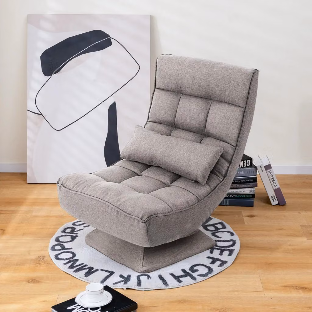 Sedia da terra girevole a 360 gradi con base in metallo e cuscino lombare, modello gaming imbottito in tessuto grigio per casa e ufficio – 2