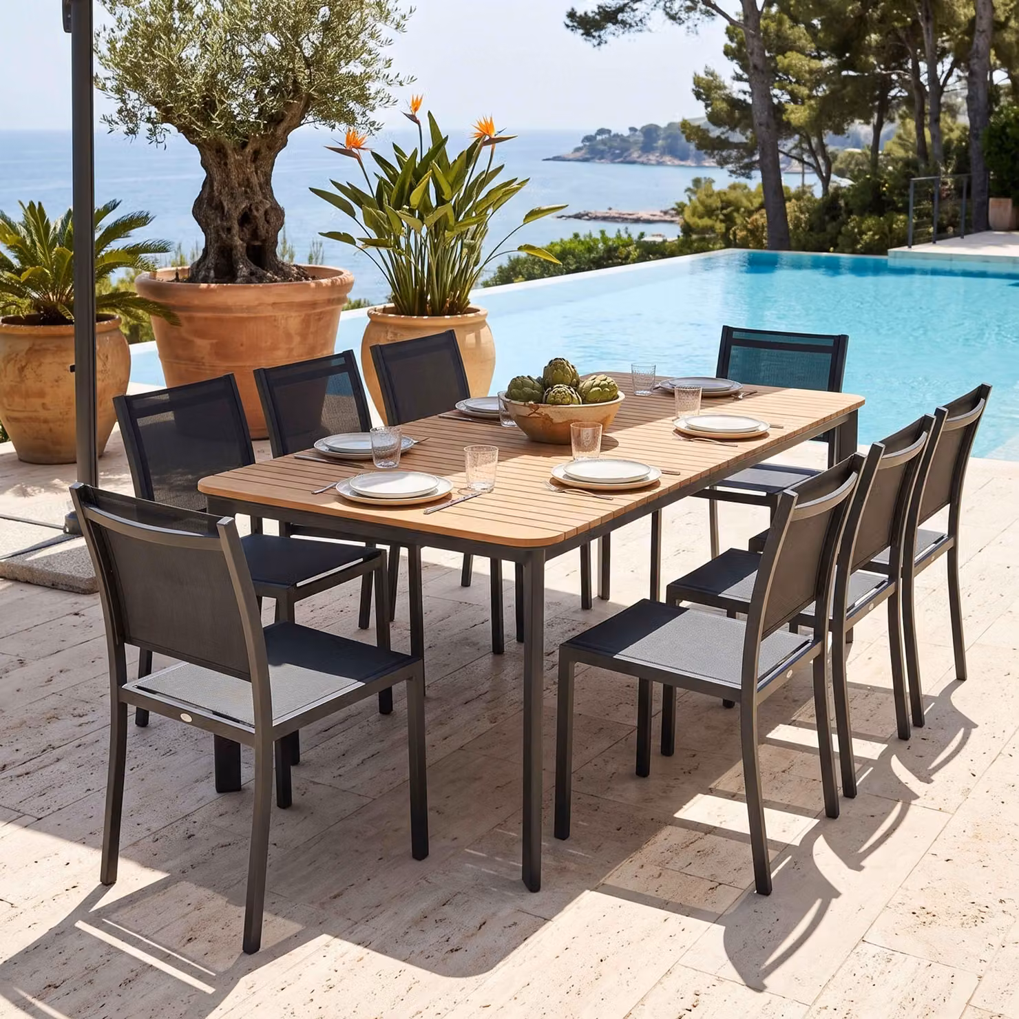 Tavolo da giardino in alluminio/teak e 8 sedie - Oviala Tempa
