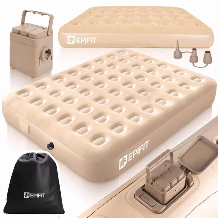 Materasso gonfiabile per 2 persone, autogonfiabile EPIFIT 203x152x25 cm con pompa elettrica integrata, doppio, beige, fino a 300 kg