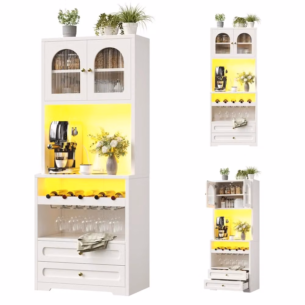 Armadio alto Minimal bianco con ante in vetro, illuminazione LED, porta vini e ripiani regolabili per soggiorno o sala da pranzo, L/P/H: 40 x 37 x 180 cm – 2