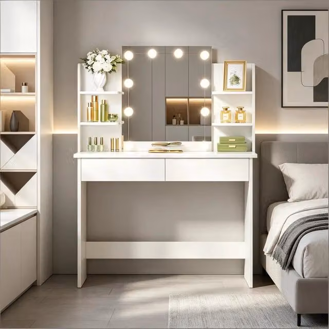 Tavolino da trucco WISHDOR con specchio LED Hollywood, 4 ripiani aperti e doppio cassetto, bianco
