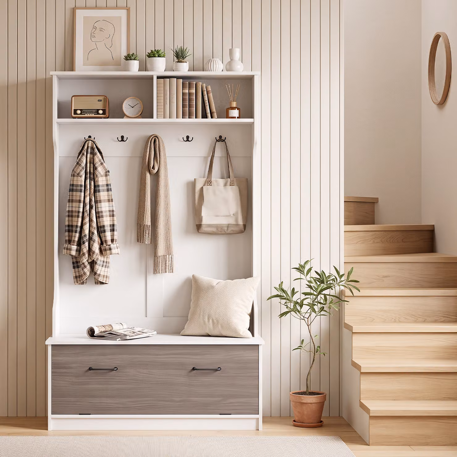 Costway Appendiabiti da terra con panca porta scarpe in legno per ingresso e corridoio, Bianco