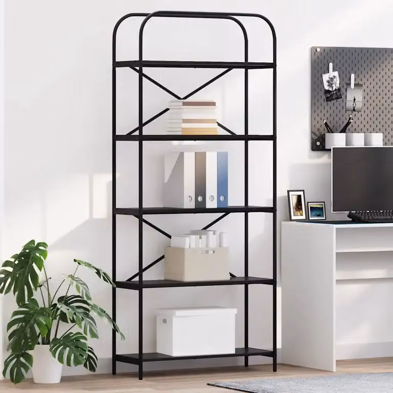 Libreria moderna vidaXL a 5 livelli in nero, realizzata in MDF e metallo, L: 80 cm, P: 30 cm, H: 183 cm