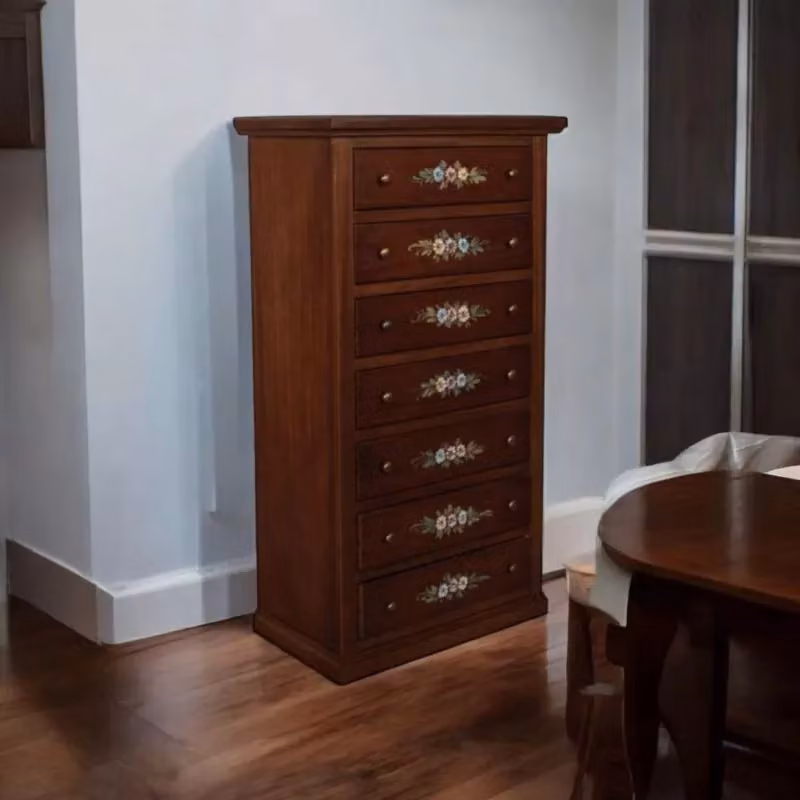 Cassettiera in legno di pino stile arte povera con 7 cassetti decorazione floreale tinta noce Mobili 2G L: 70 cm, P: 40 cm, H: 120 cm – 2