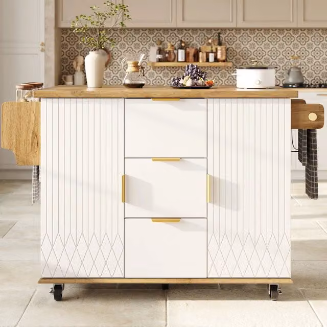 Carrello da cucina estensibile REDOM bianco in MDF e metallo con prese USB e ruote L: 134 cm, P: 49,8 cm, H: 74-88 cm