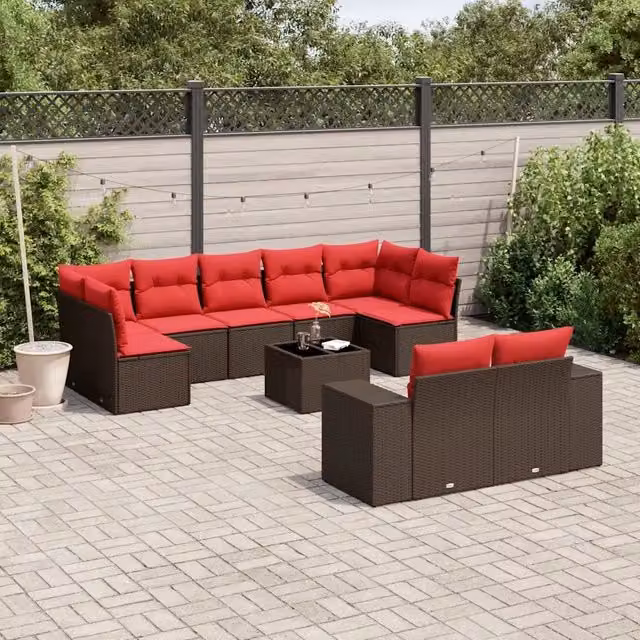 Set di divani da giardino a forma di U vidaXL in polyrattan marrone con cuscini e tavolino da esterno – 1