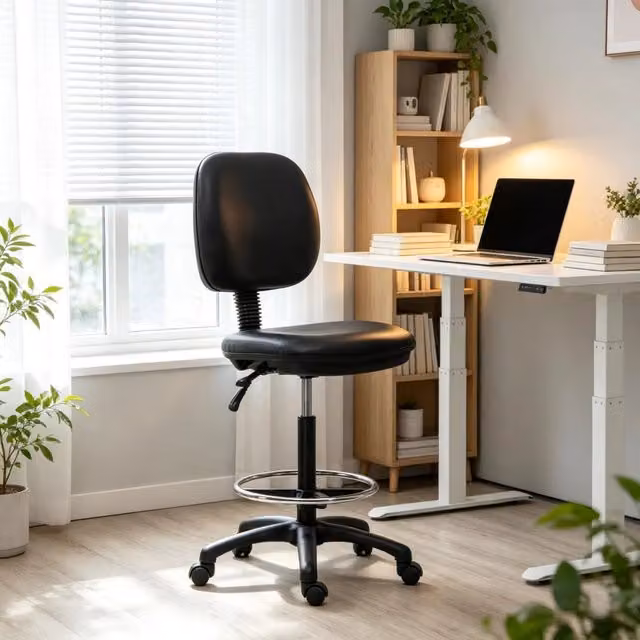 Sgabello da ufficio ergonomico WISHDOR in ecopelle nera con rotelle e poggiapiedi, ideale per home office e professionisti – 1