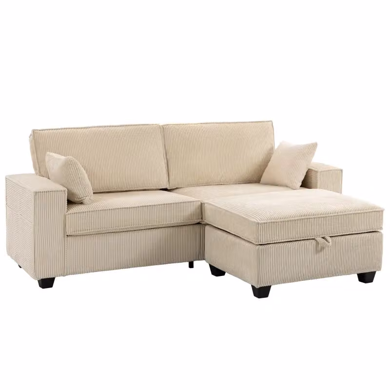 Divano angolare a 3 posti modulare in velluto a coste beige con pouf contenitore e cuscini coordinati L/P/H: 92 x 72 x 70 cm – 2