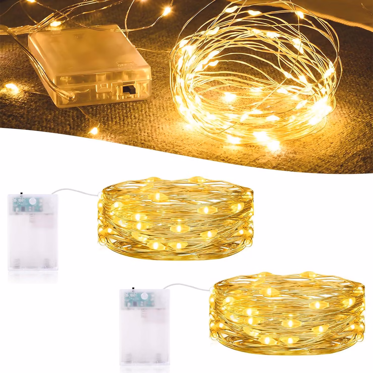 Set di 2 catene luminose a micro-LED, lunghezza 3 metri, 30 LED, luce bianco caldo, con timer