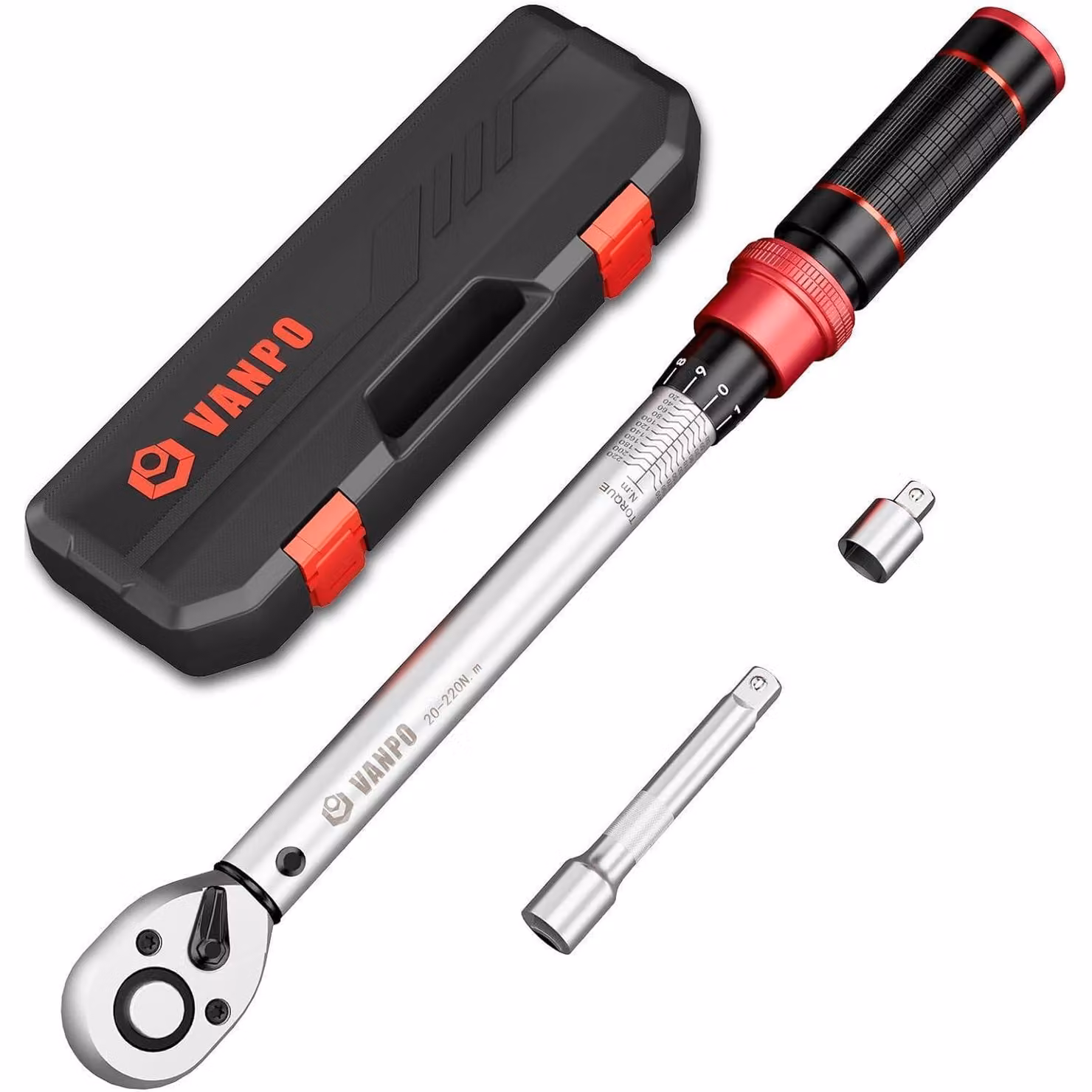 Chiave dinamometrica da 1/2", 20-220 Nm, set con prolunga e adattatori
